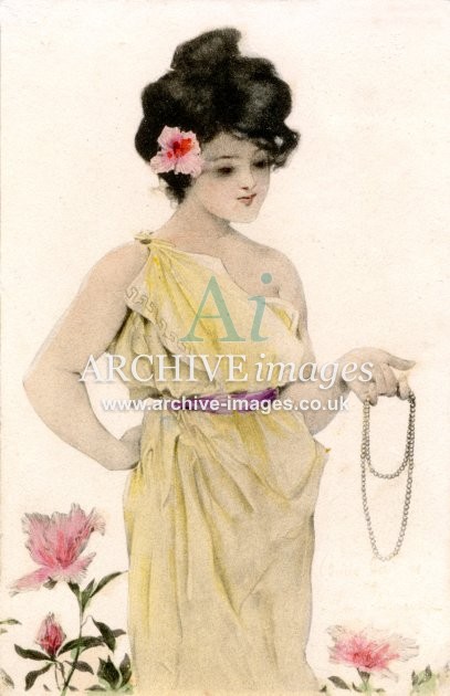 Raphael Kirchner, Classical Girl Holding Necklace FG