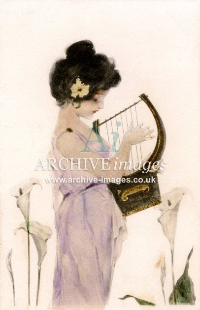 Raphael Kirchner, Classical Girl Playing Harp FG