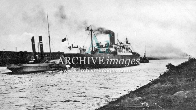 Manchester Ship Canal, SS Manchester Merchant & Tugs in the Ship Canal c1905