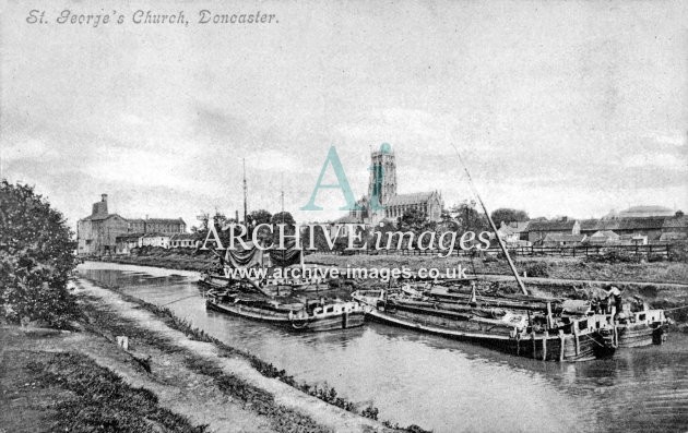 Sheffield & South Yorkshire Navigation, St George's Church & barges, Doncaster c1906