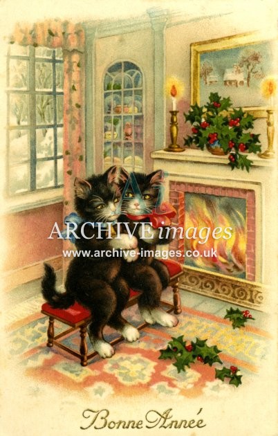 Black Cats by Christmas Fireside