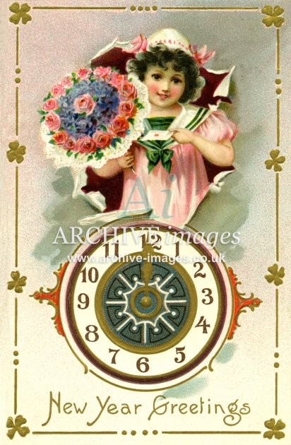 New Year Greetings, clock & girl A