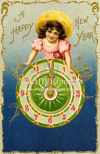 New Year Greetings, clock & girl B