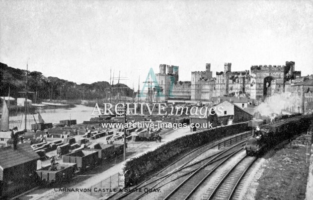 Caernarvon Castle, slate quay & LNWR train
