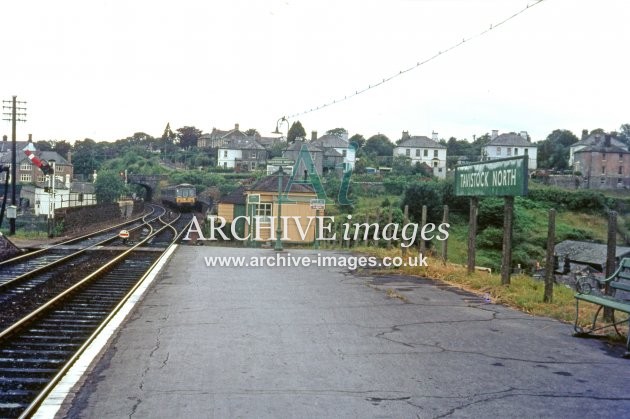 Tavistock North station, DMU approaching c1966