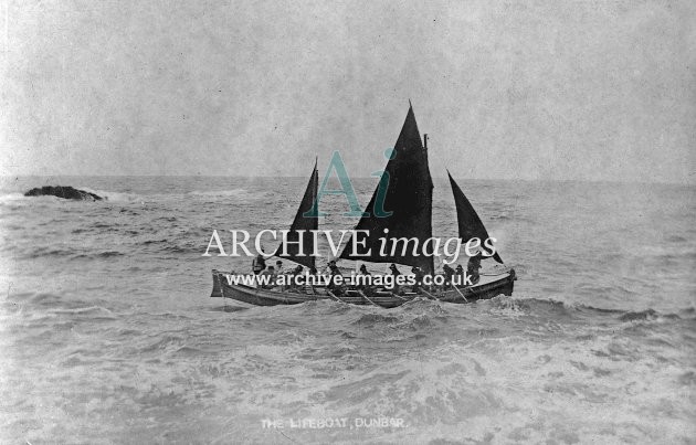 Dunbar lifeboat with sails up c1910