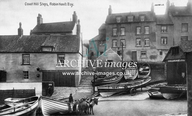 Robin Hoods Bay, Covert Hill Steps, lifeboat house & fishing cobles c1905