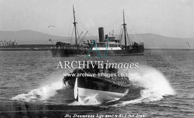 Stromness lifeboat, launching & NLS pole Star c1910