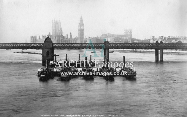 River Thames, Hungerford bridge & paddle steamers c1885