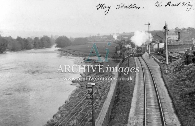 Hay on Wye station, Brecon train departing, looking north c1906