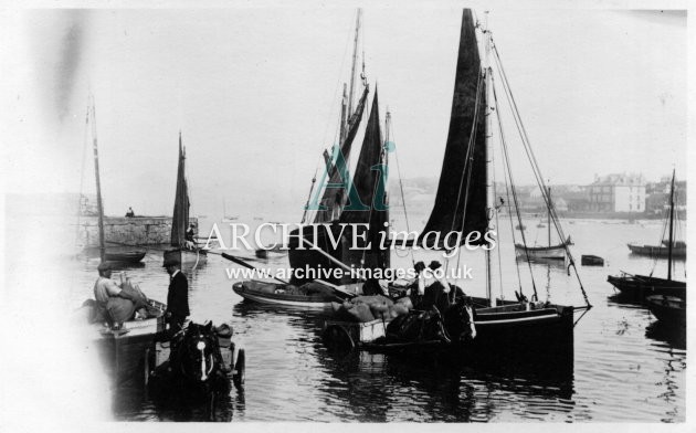 Scilly isles 9 Aug 1914 SS Plympton bringing ashore wheat from wreck at St Agnes CMc