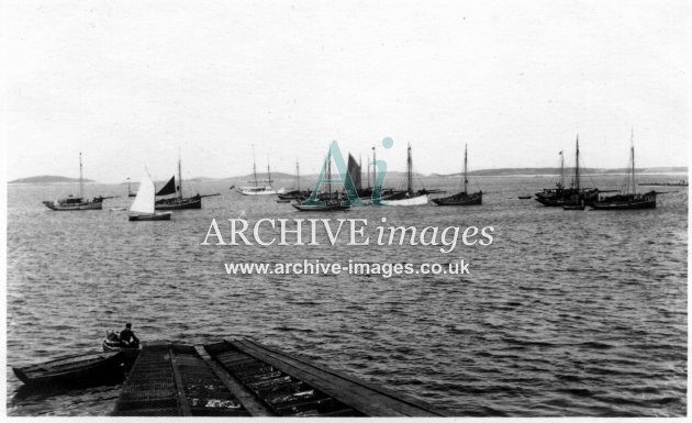 Scilly Isles St Marys French crabbers with Guys boat in foreground Guy by slip 1912 CMc