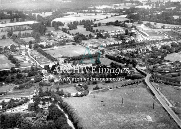 Hertfordshire Broxbourne church and station from the air 1935 CMc