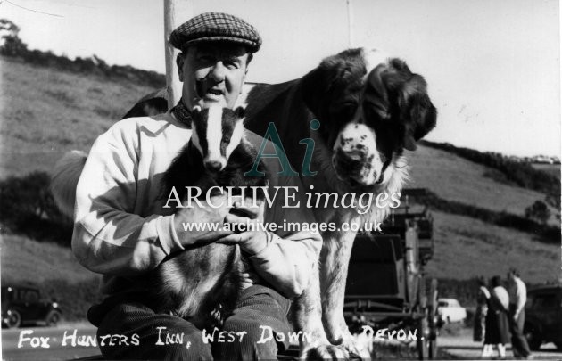 Devon Fox Hunters Inn West Down badger and border collie c1950 CMc