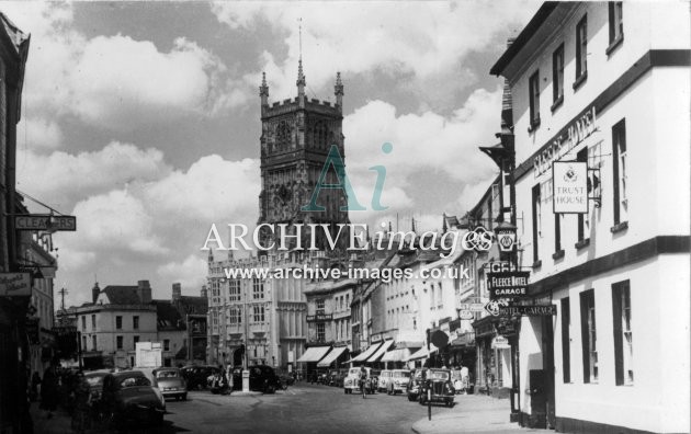 Gloucestershire Cirencester Market Square church and Fleece Hotel c1952 CMc