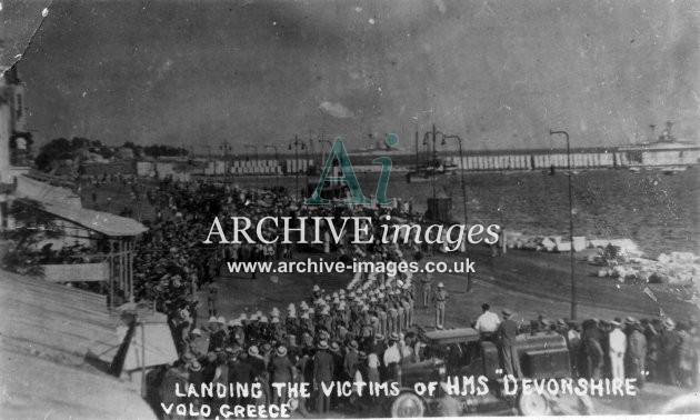 Naval HMS Devonshire landing victims Volo Greece 1929 after blow up of turret CMc