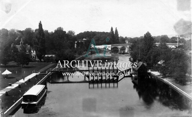 Berkshire River Thames Guards Club Maidenhead c1890 with eel traps on footbridge CMc
