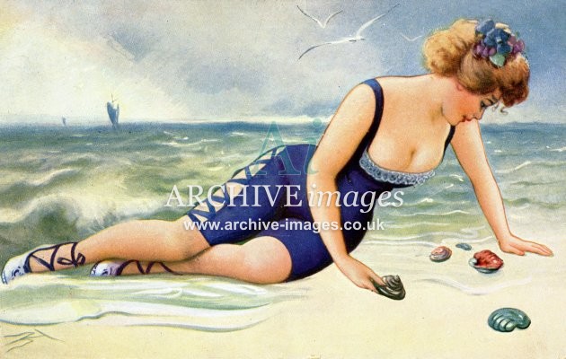 Beach Belle Playing With Shells c1910