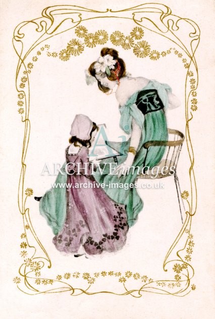 Raphael Kirchner, Seated Woman & Little Girl Reading c1903