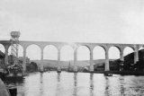 Calstock viaduct photographed from a vessel on the River Tamar circa 1910. Wagon lift on the left
