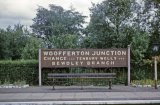 The nameboard at Woofferton station on 29th July 1961, the last day of passenger services over the branch to Tenbury Wells.