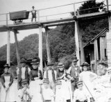 A group at Gunnislake Brickworks circa 1888, showing the clay tub tramroad on an overhead tretle bridge in the background. Photo by SJ Govier
