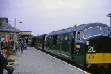 North British Type 2 diesel No. D6351 at Helston with a train from Gwinear Road in July 1962