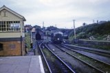 Helston signal box and engine shed circa 1962, with a North British Type 2 diesel running round 