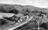 An overall view of Calstock Railway Station, PD&SWJR, circa 1908. Train approaching viaduct in distance.